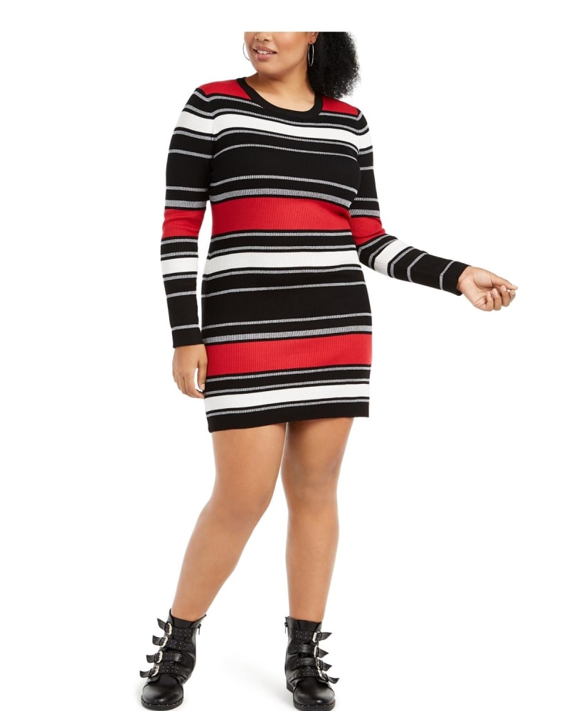 Front of a model wearing a size XL Planet Gold Juniors' Plus Size Striped Sweater Dress Black Size 1X in Black by Planet Gold. | dia_product_style_image_id:313076